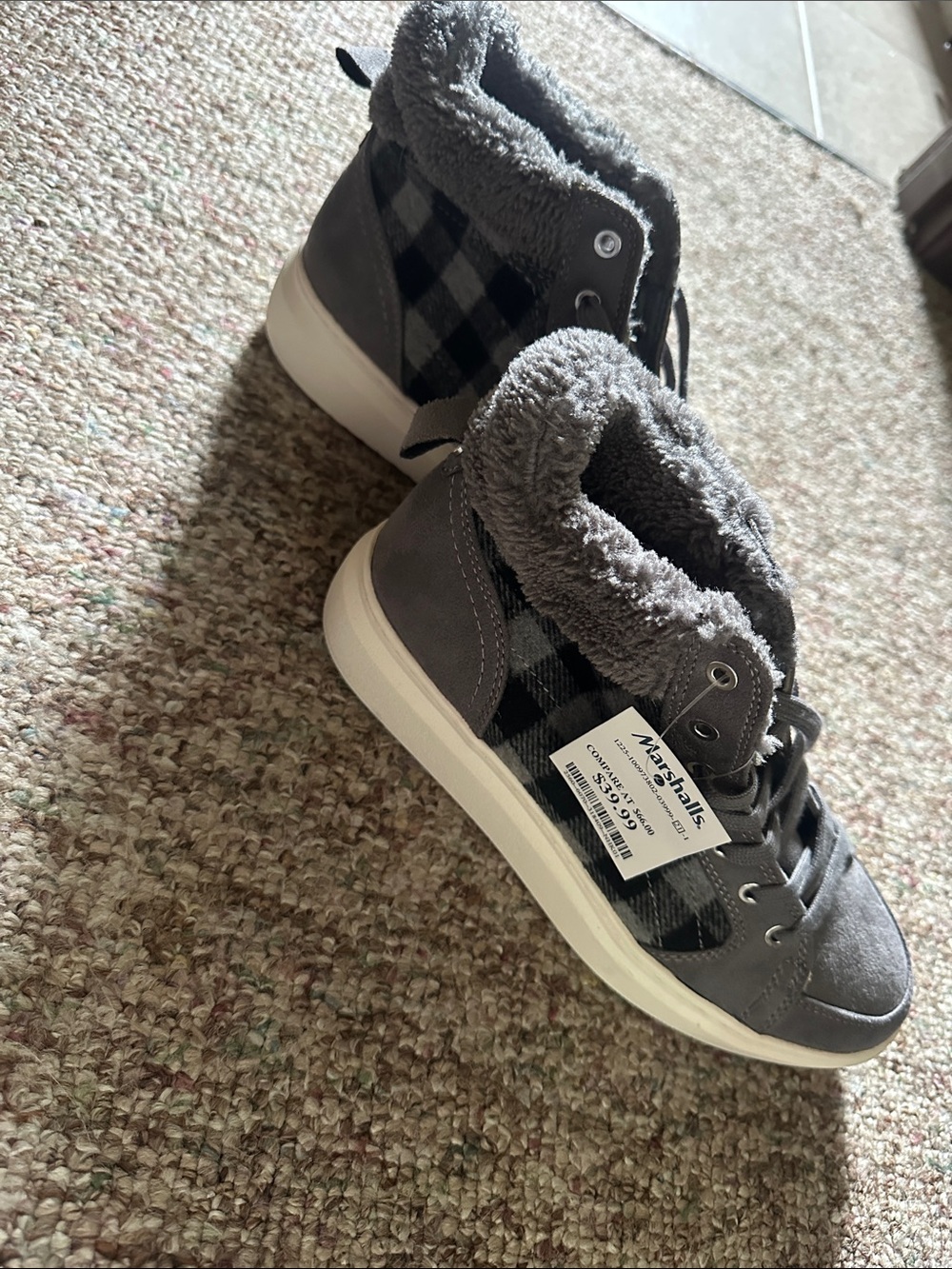 Marc Fisher Gray Plaid High-Top Sneakers with Faux Fur Collar